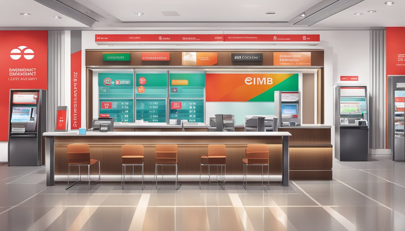 A bright and modern bank branch with a prominent sign for "Foreign Currency Services" and a display showcasing the CIMB minimum balance requirement for Singapore accounts