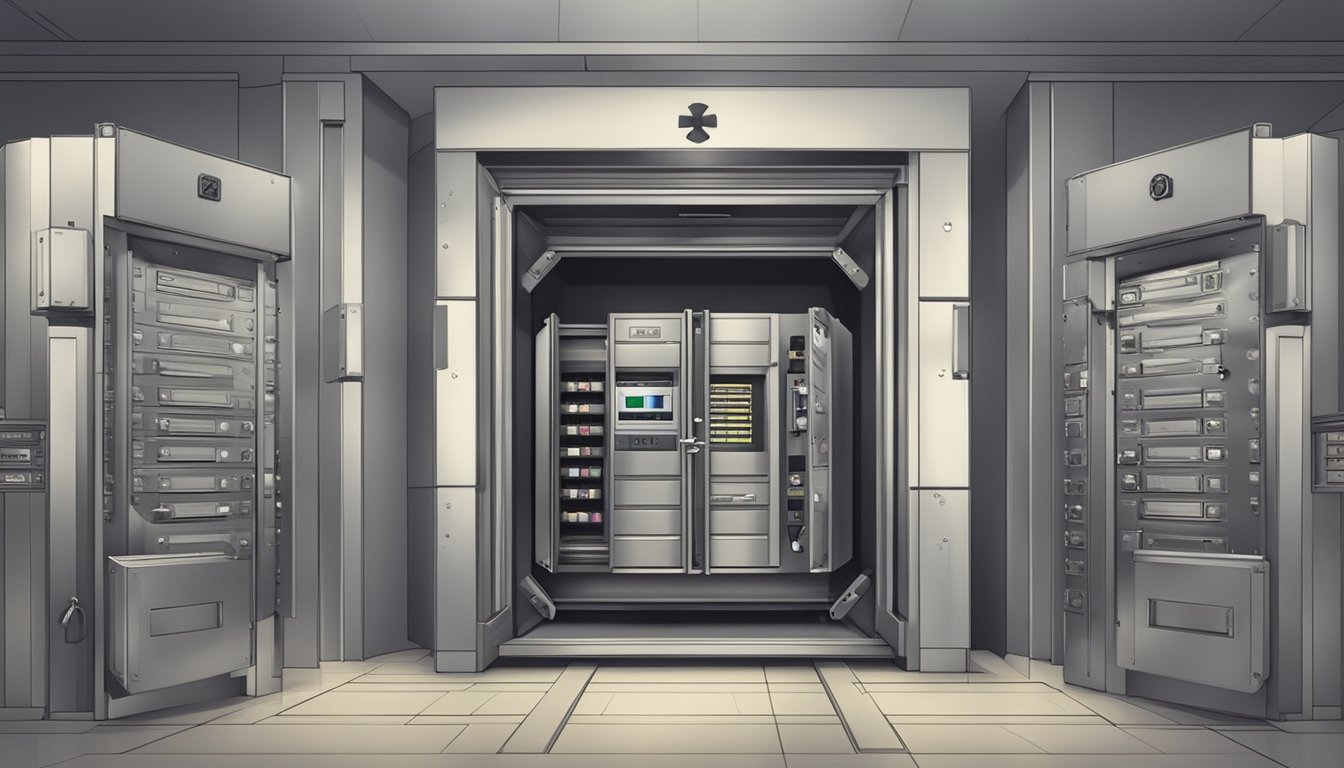 A bank vault with a "Safety and Insurance of Deposits" sign, containing a minimum balance requirement for CIMB in Singapore
