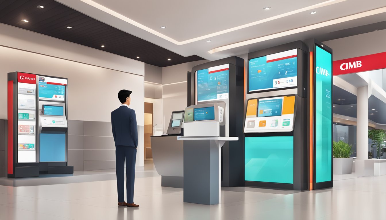 A modern bank branch with digital kiosks, friendly staff, and a sleek, professional design. The signage prominently displays the features and benefits of banking with CIMB in Singapore