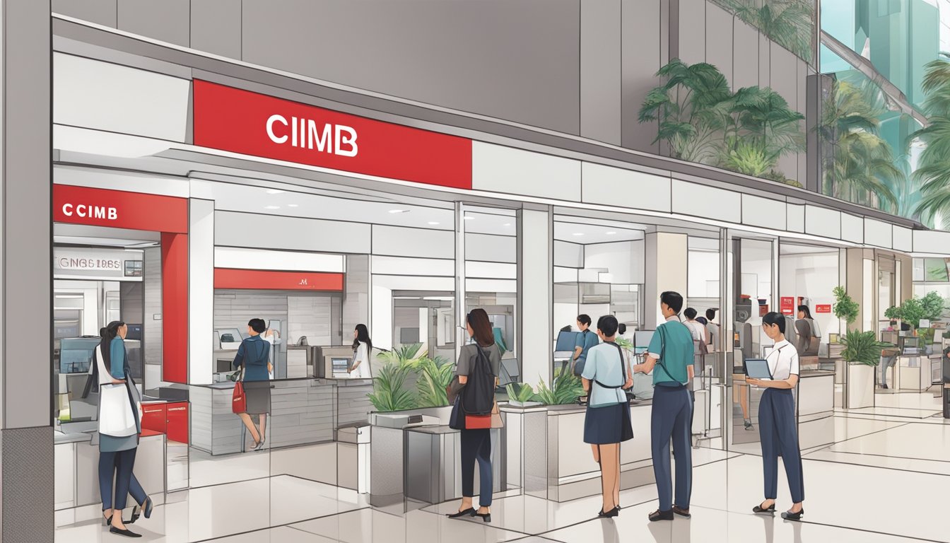 A modern bank branch in Singapore with the "CIMB" logo prominently displayed, customers filling out forms, and staff assisting with account opening