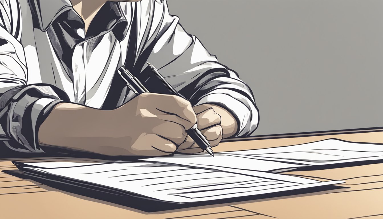 A person filling out a form with documents and a pen on a desk