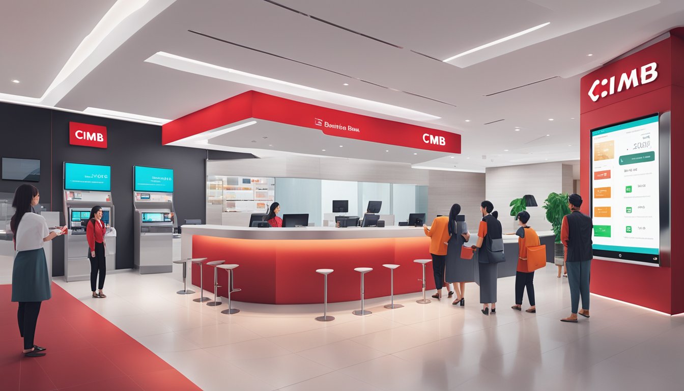 A modern, sleek bank branch with the CIMB logo prominently displayed, customers being assisted by staff, and digital screens showcasing various banking services