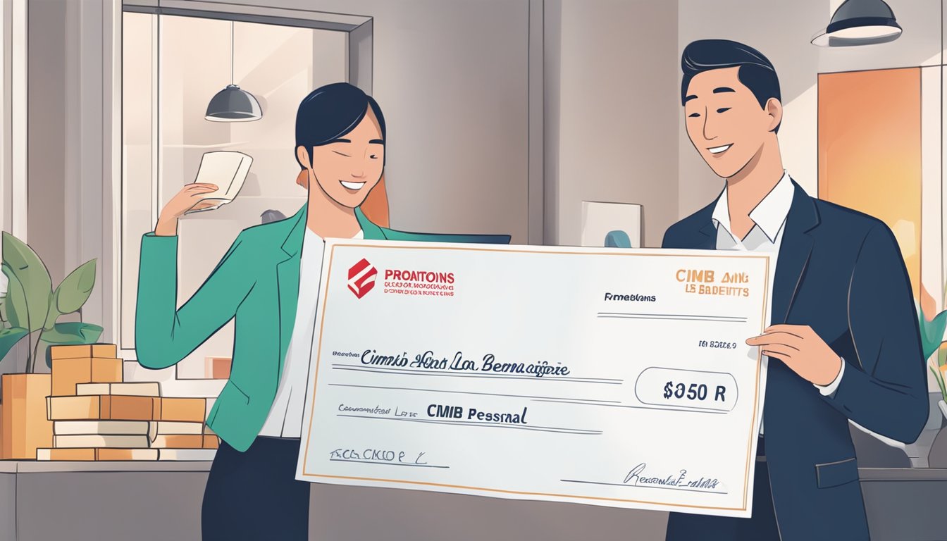 A person receiving a check with the words "Promotions and Benefits cimb personal loan Singapore" written on it
