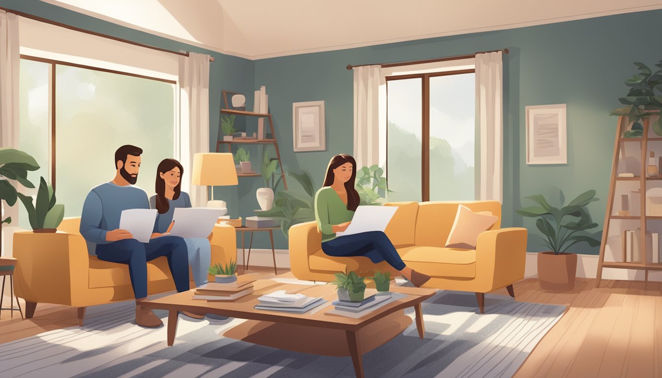 A couple discusses home renovation plans while reviewing loan documents in a cozy living room