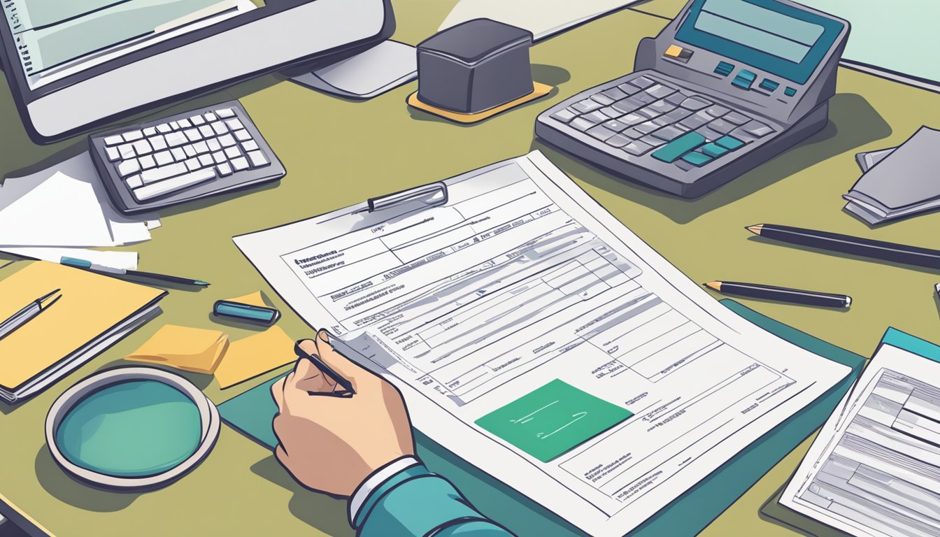 A person filling out a loan application form with required documents on a desk