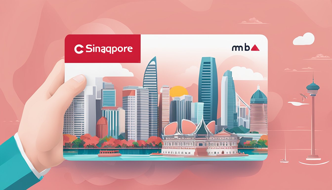A hand holding a Cimb Signature Card against a backdrop of iconic Singapore landmarks