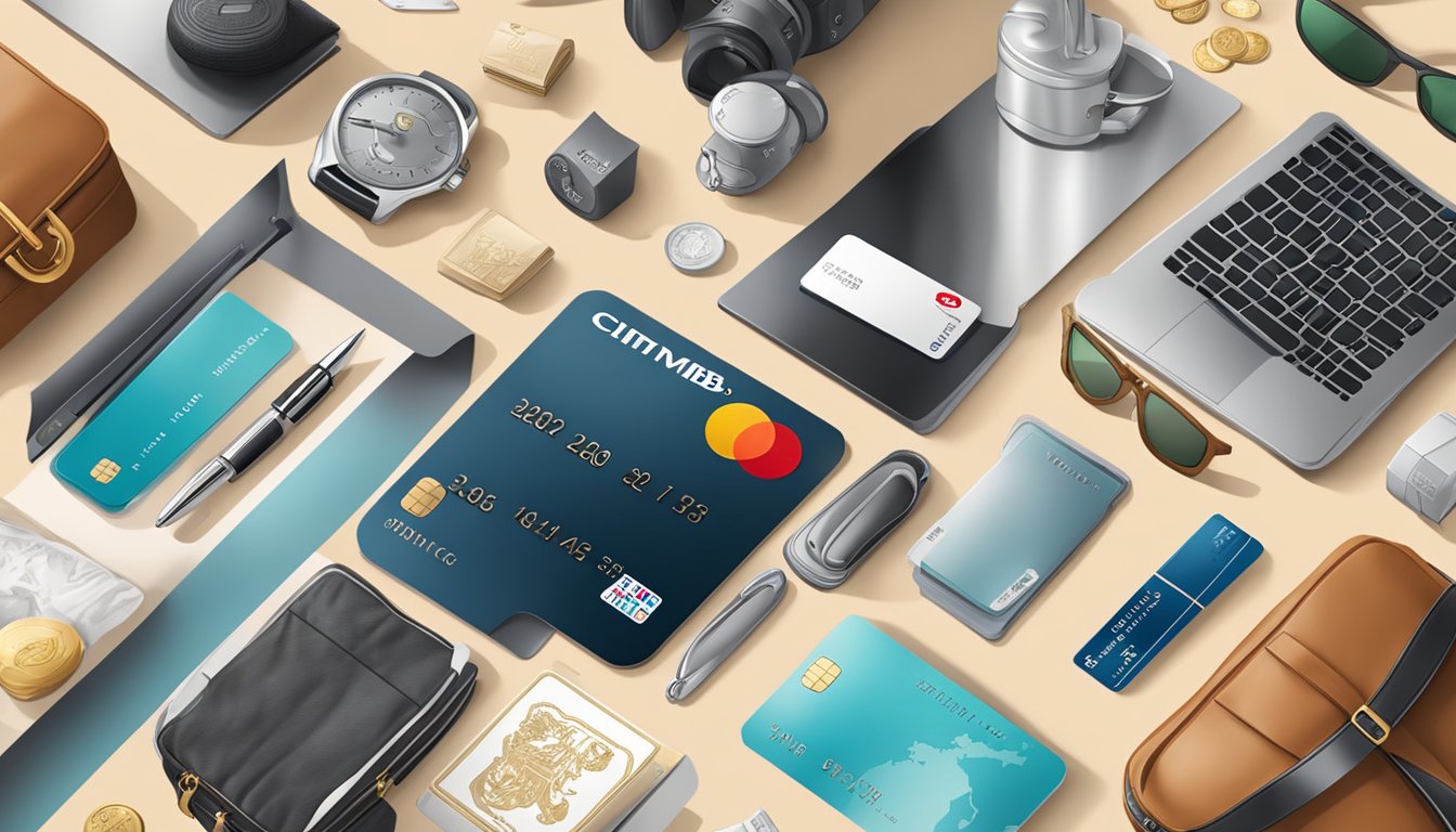 A credit card with the Cimb signature logo, surrounded by luxury items and travel essentials