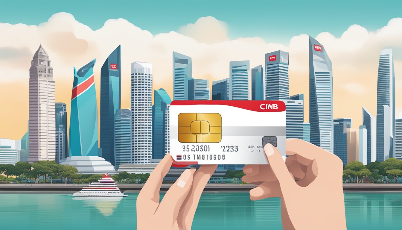 A hand holding a CIMB Visa Signature Card, with a sleek and modern design, against a backdrop of iconic Singapore landmarks