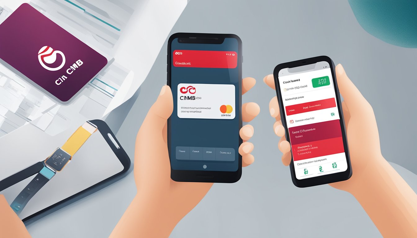 A hand holding a CIMB Signature Card, with a smartphone displaying the CIMB app in the background, showcasing efficient card management