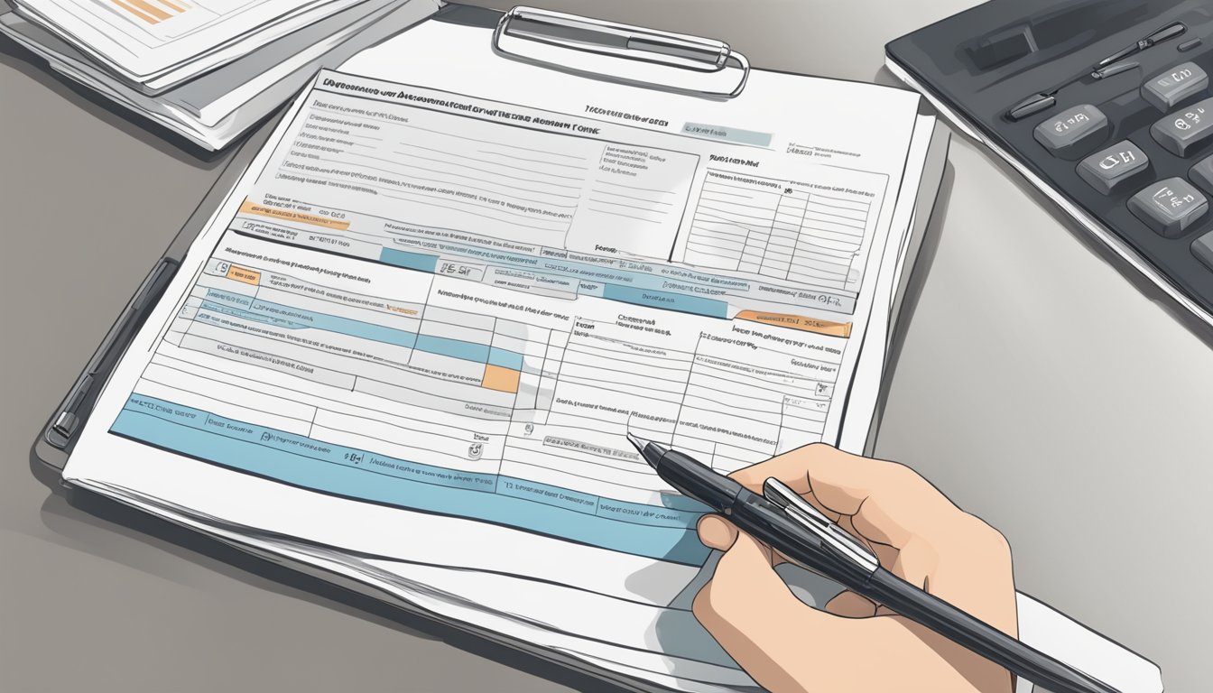 A hand holding a pen fills out a CIMB Singapore account opening form, with a list of features and benefits displayed in the background