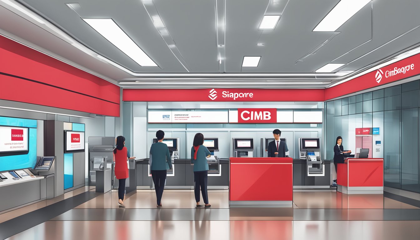 A modern bank branch with digital screens, ATM machines, and a customer service desk. The logo of CIMB Singapore is prominently displayed