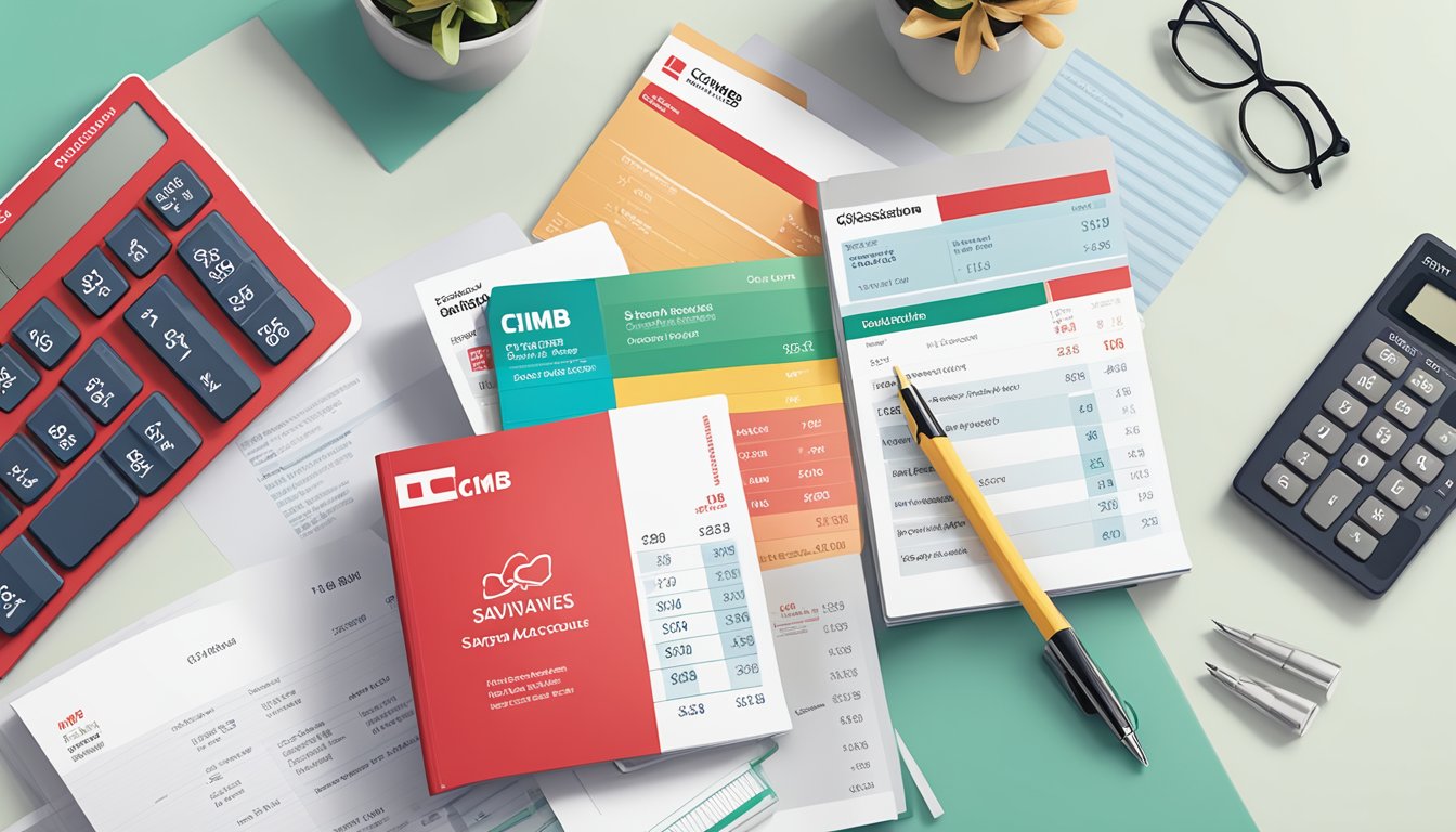 A stack of CIMB Savings Account brochures with interest rates displayed, alongside a calculator and a pen, on a clean, organized desk