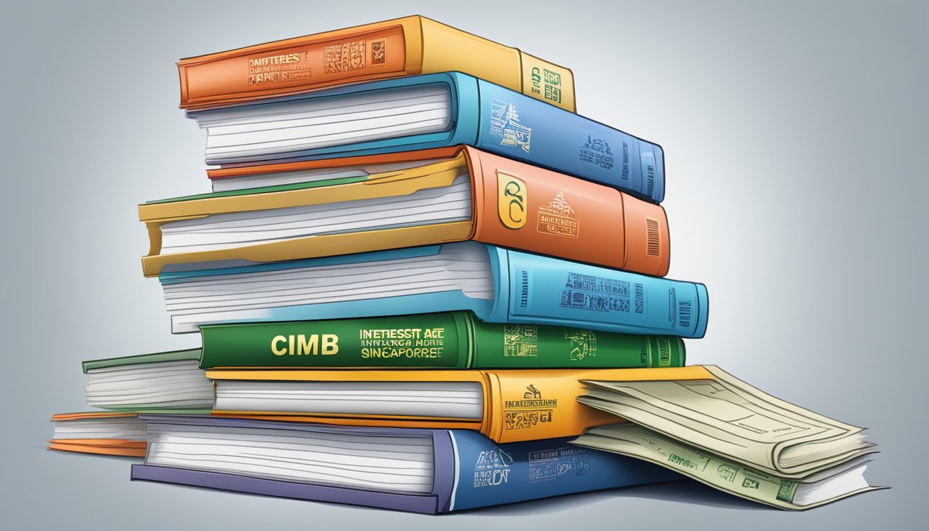A stack of FAQ documents with the title "CIMB Singapore Interest Rate" prominently displayed