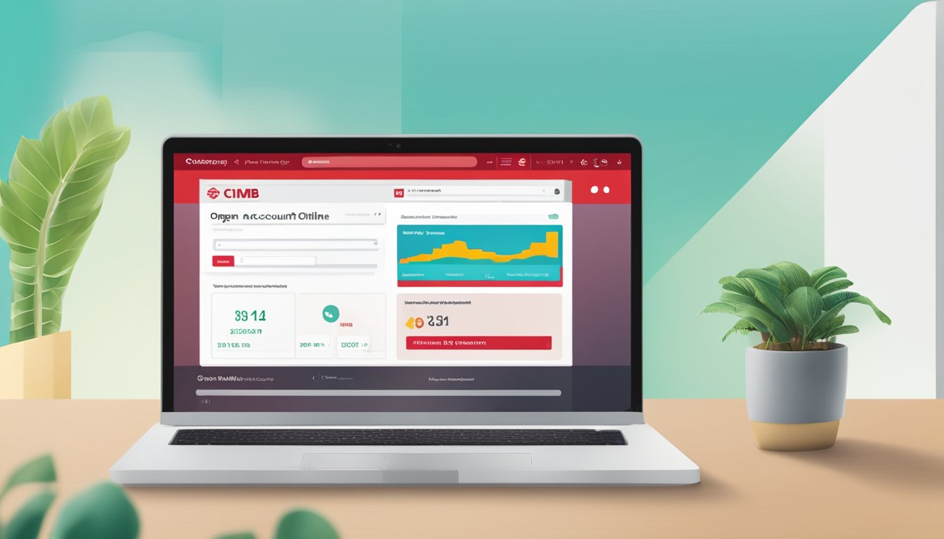 A computer screen displaying the CIMB Singapore website with a "Open Account Online" button highlighted. A smartphone with the CIMB app is shown next to it