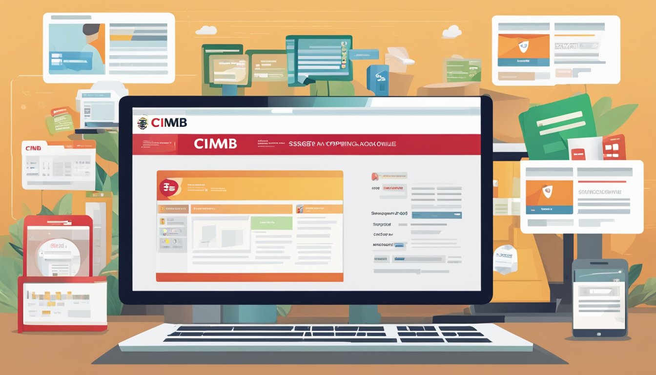 A computer screen displaying the CIMB Singapore website with a section for opening an account online, surrounded by various fees and charges information