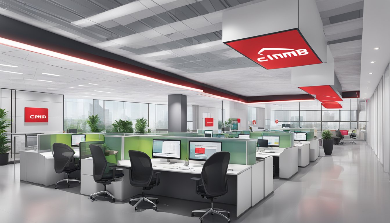 A modern office setting with computer screens displaying CIMB Singapore's online banking platform. A sleek and professional atmosphere with the CIMB logo prominently displayed