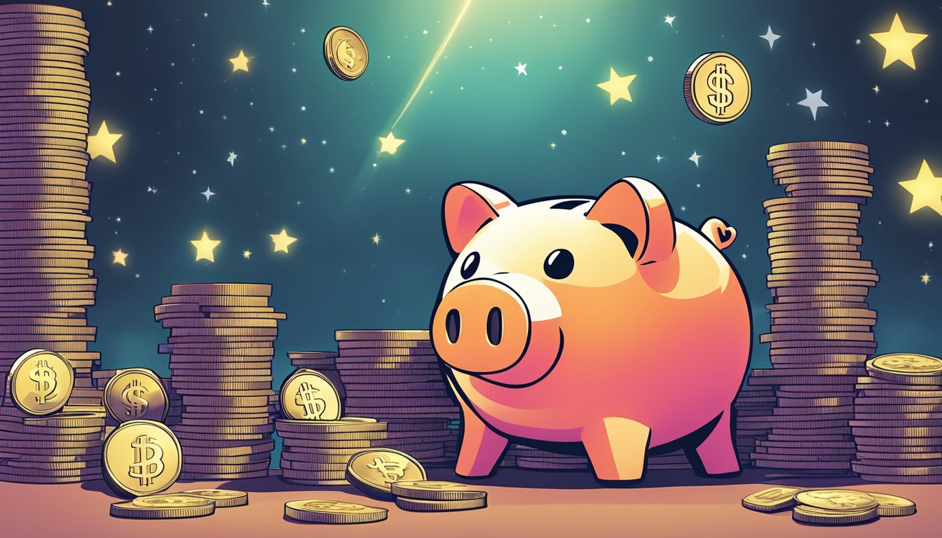 A piggy bank sits on a table, surrounded by stacks of coins and dollar bills. A glowing star hovers above it, representing the high interest rate offered by CIMB StarSaver account in Singapore