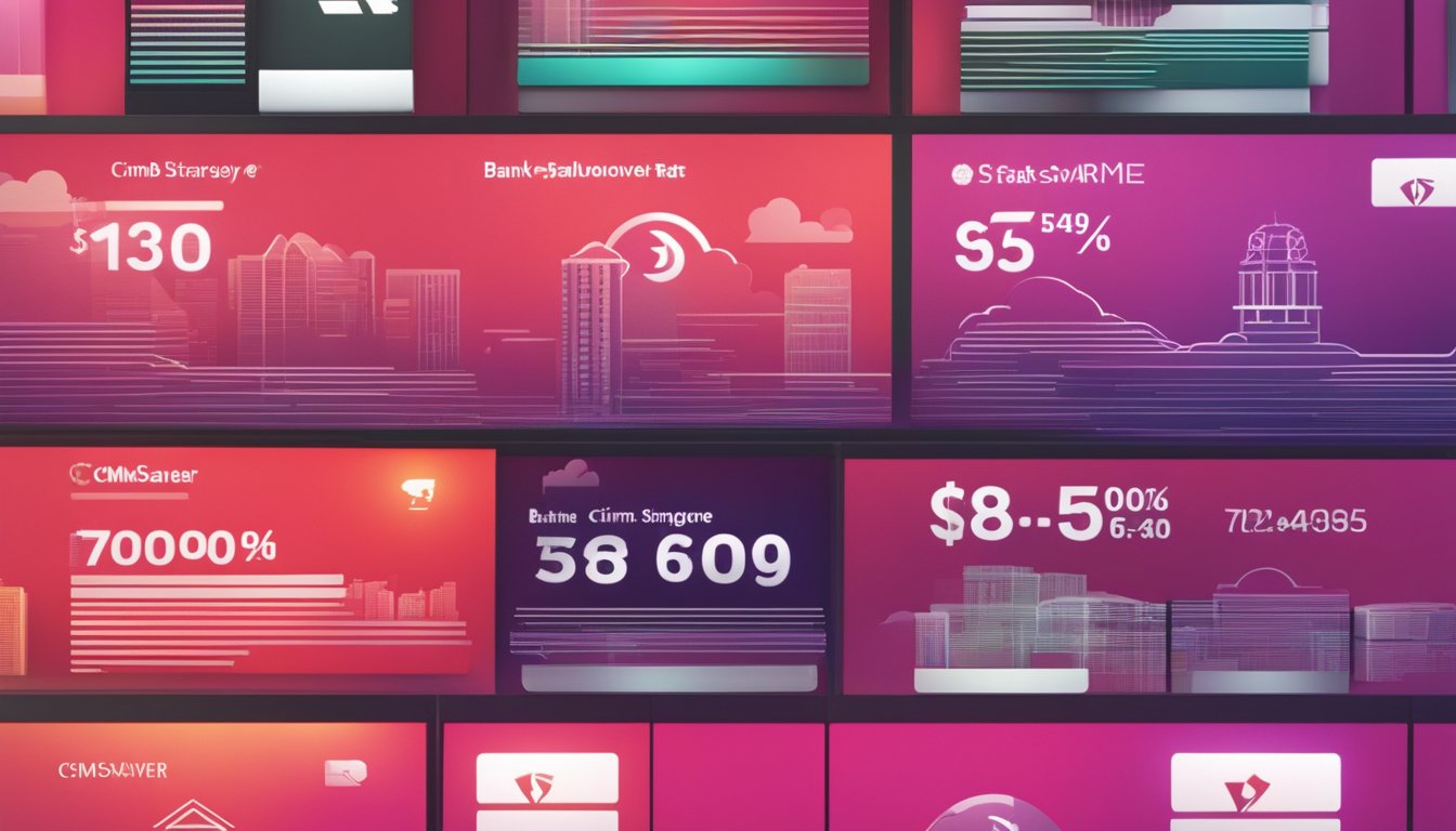 A bank logo shines above a digital display of CIMB StarSaver Account with the current interest rate in Singapore
