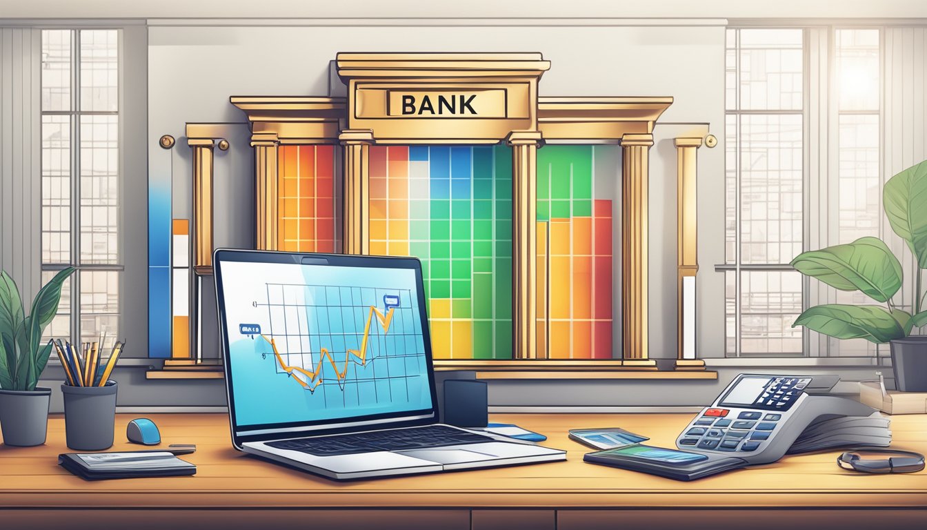 A bank logo shining brightly above a desk with interest rate charts and account management tools