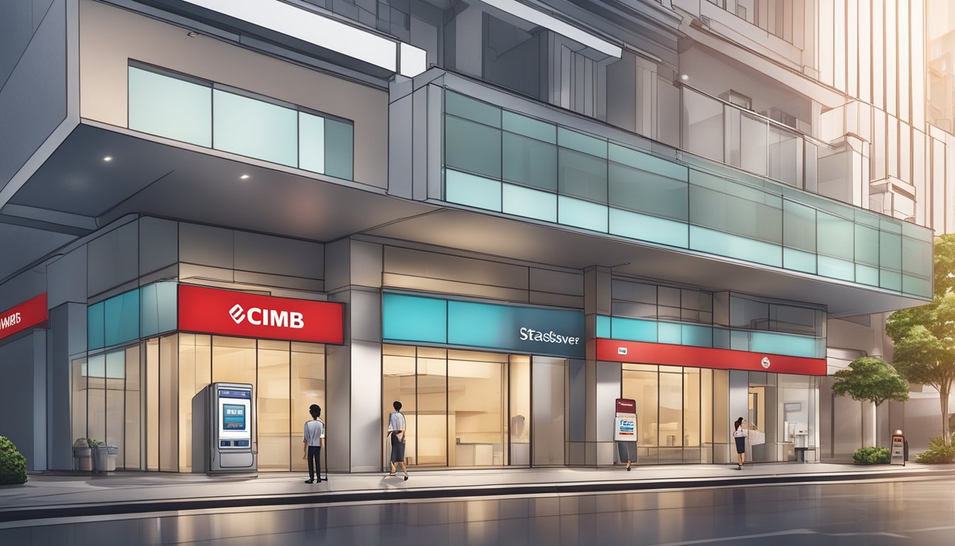 A bank building with a prominent sign for "CIMB Starsaver" and "Deposits and Insurance Schemes" in Singapore. Display the current interest rate prominently
