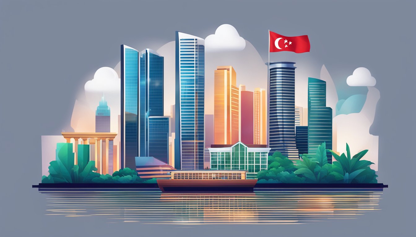 A bank logo shines brightly above a stack of financial products, including the CIMB Starsaver, against the backdrop of the Singapore skyline