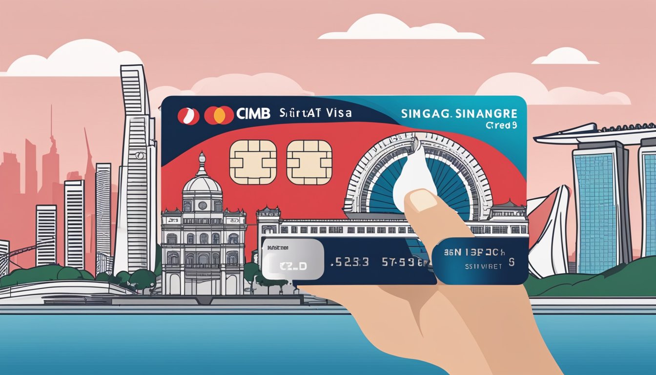 A hand holding a Cimb Visa Signature credit card against a backdrop of iconic Singapore landmarks