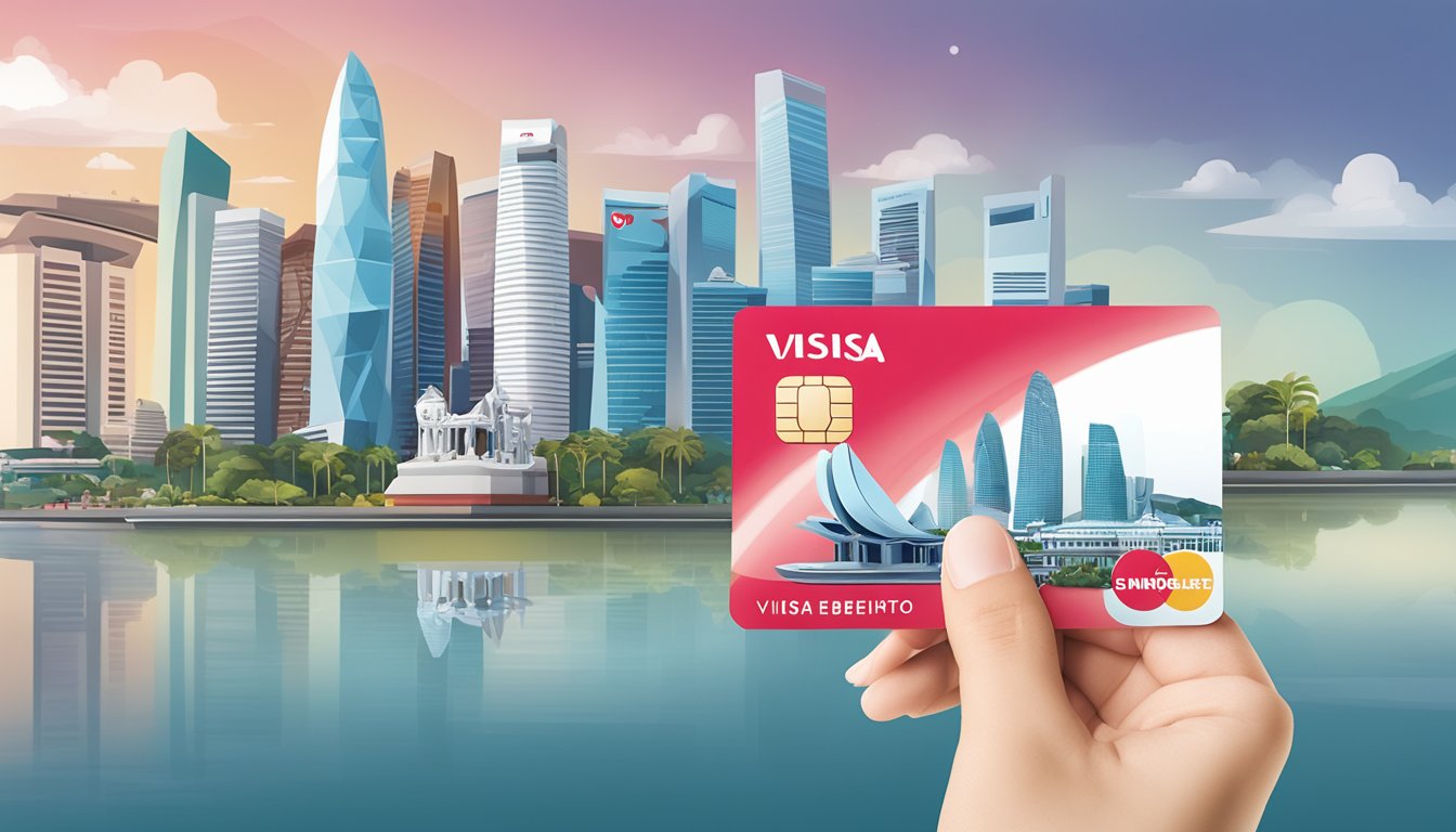 A hand holding a Cimb Visa Signature credit card against a backdrop of iconic Singapore landmarks, with the card's key features and benefits highlighted