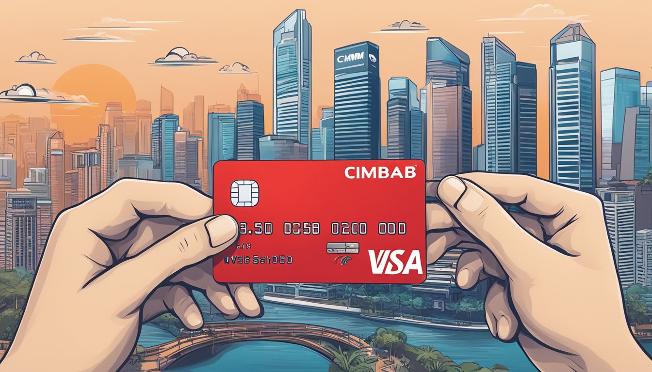 A hand holding a Cimb Visa Signature credit card with Singapore skyline in the background