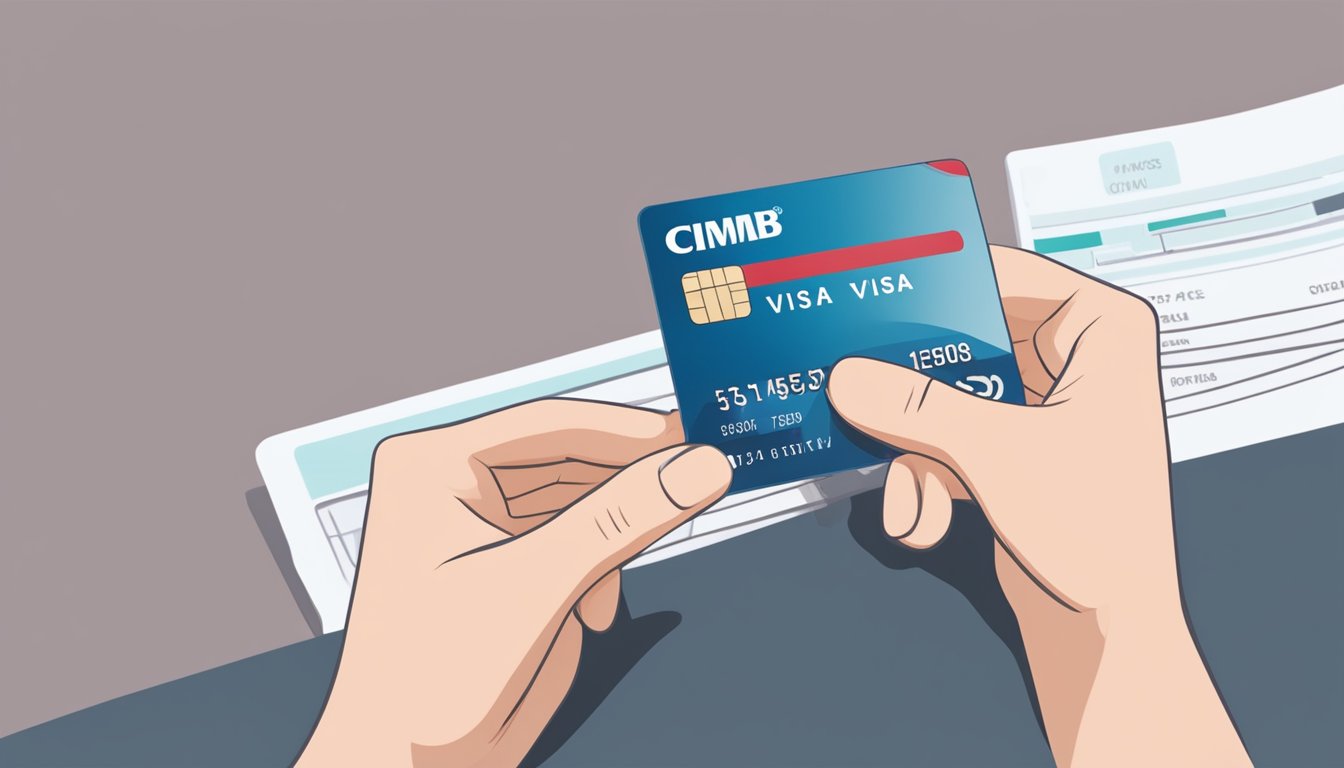 A hand holding a CIMB Visa Signature credit card with a list of fees and charges displayed in the background