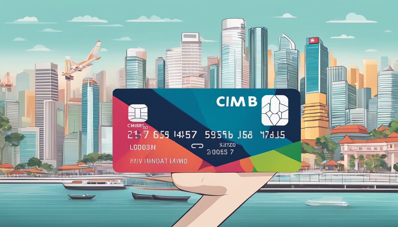 A hand holding a Cimb Visa Signature card with a Singapore skyline in the background