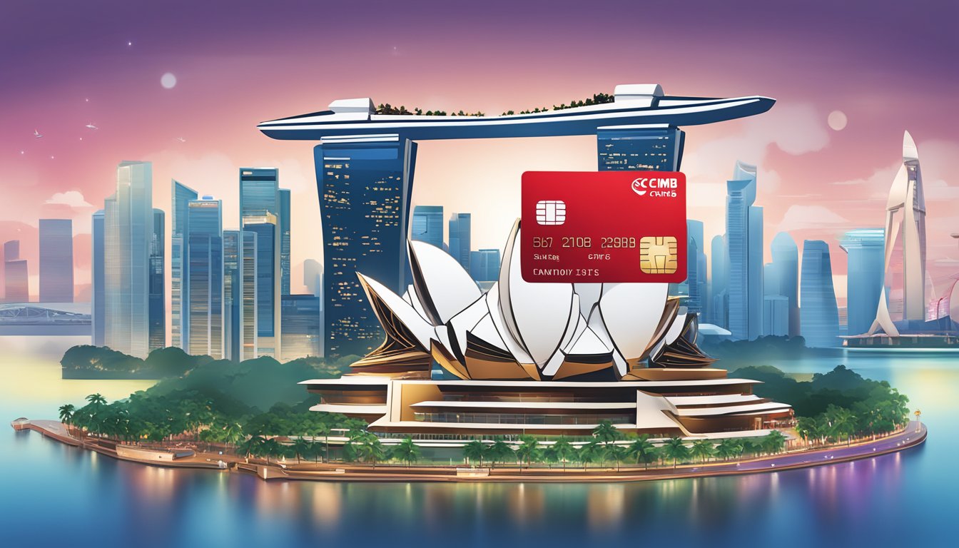 A gleaming Cimb Visa Signature card stands against a backdrop of iconic Singapore landmarks, symbolizing its key features and benefits