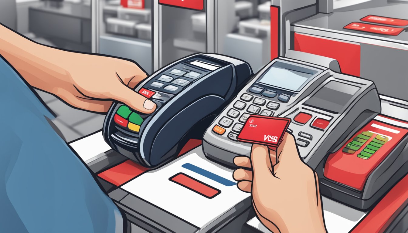 A person swiping a CIMB Visa Signature card at a store checkout, with a cashback symbol displayed on the card reader