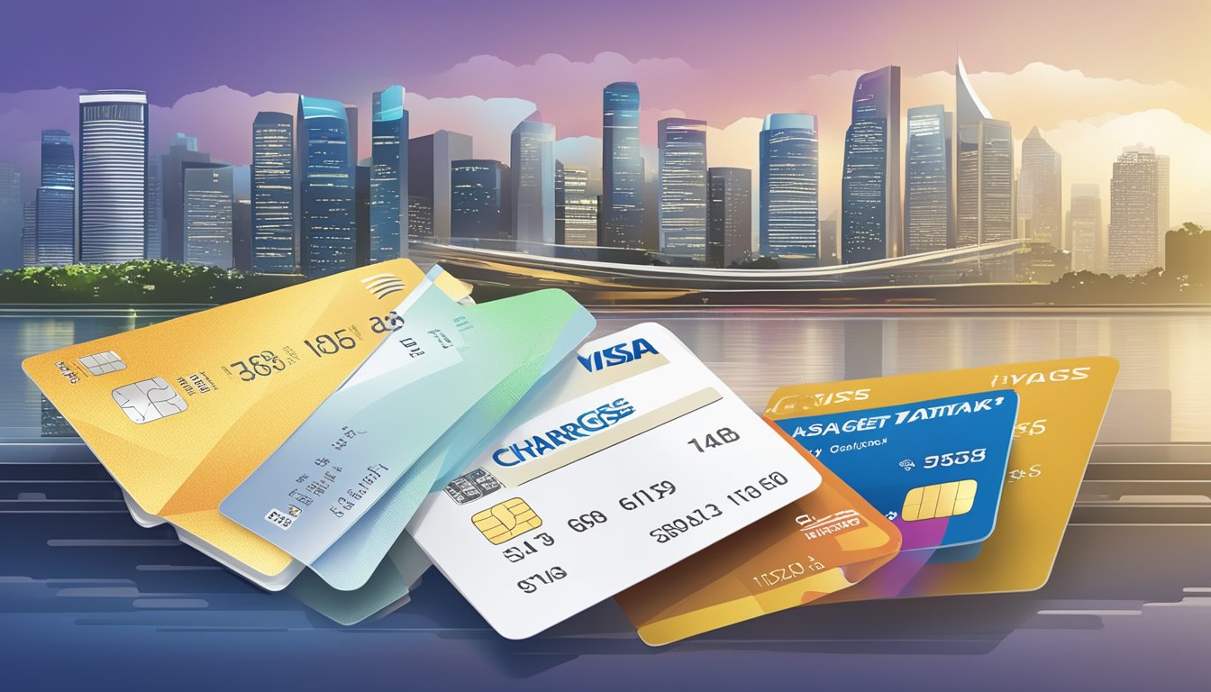 A credit card bill with "Fees and Charges" section highlighted, next to a Visa Signature card, against a backdrop of the Singapore skyline