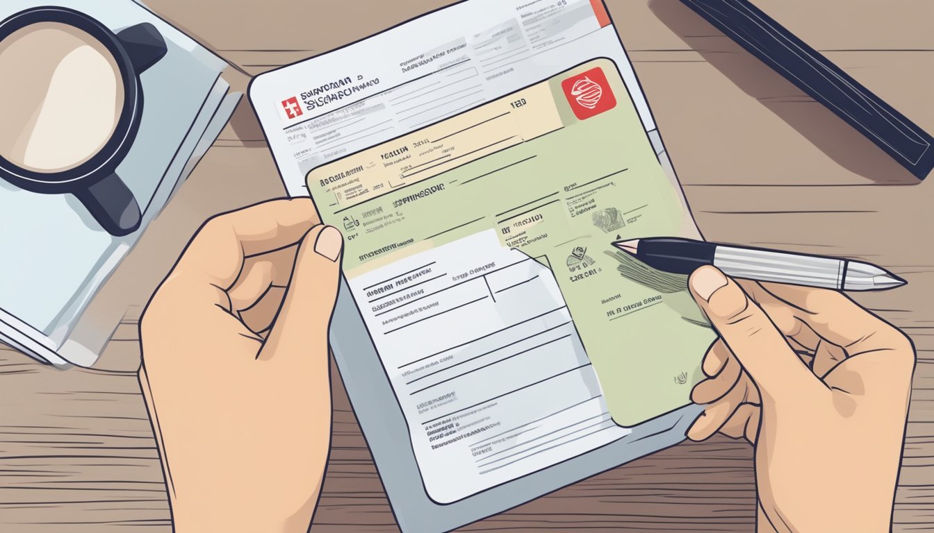 A hand holding a Singaporean passport and filling out a visa application form with a Cimb Visa Signature card next to it
