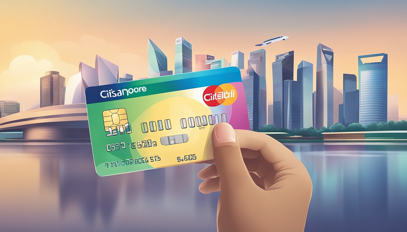 A hand holding a credit card with the Citi logo, transferring a balance in front of the Singapore skyline
