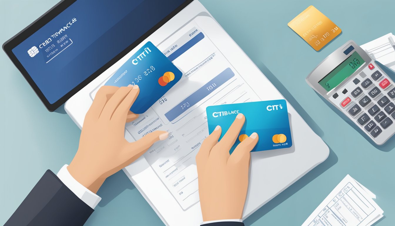 A hand holding a credit card hovers over a laptop screen showing the Citi balance transfer page, with a calculator and financial documents nearby