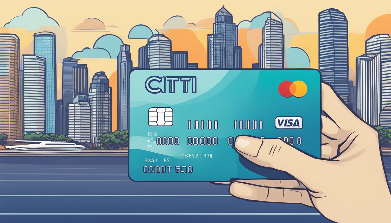 A hand holding a credit card with "Citi" logo, transferring balance to another card. Background shows city skyline of Singapore