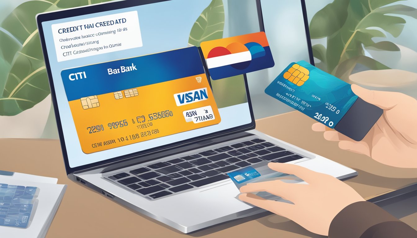 A person holding a Citi Bank credit card while transferring a balance online. The screen shows the Singapore location and the process of the transfer
