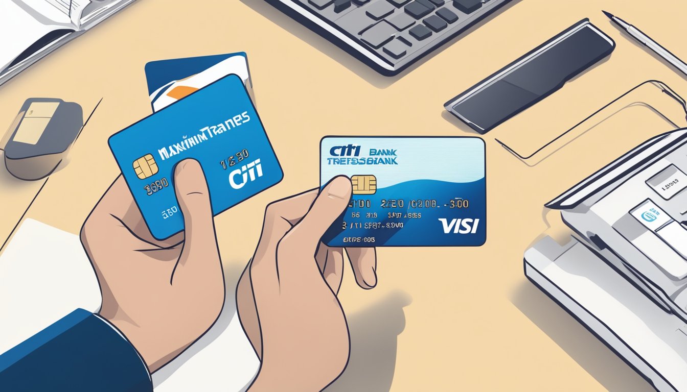 A person swiping a Citi Bank credit card in Singapore, with a graphic showing "Maximising the Benefits of Balance Transfers" on the screen