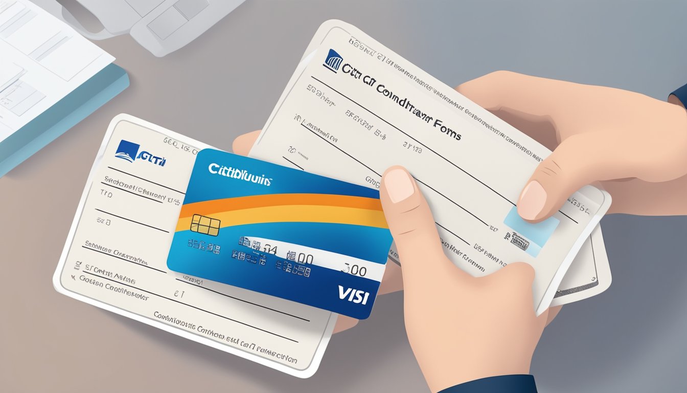 A hand holding a Citi card, with a balance transfer form and terms and conditions printed in the background