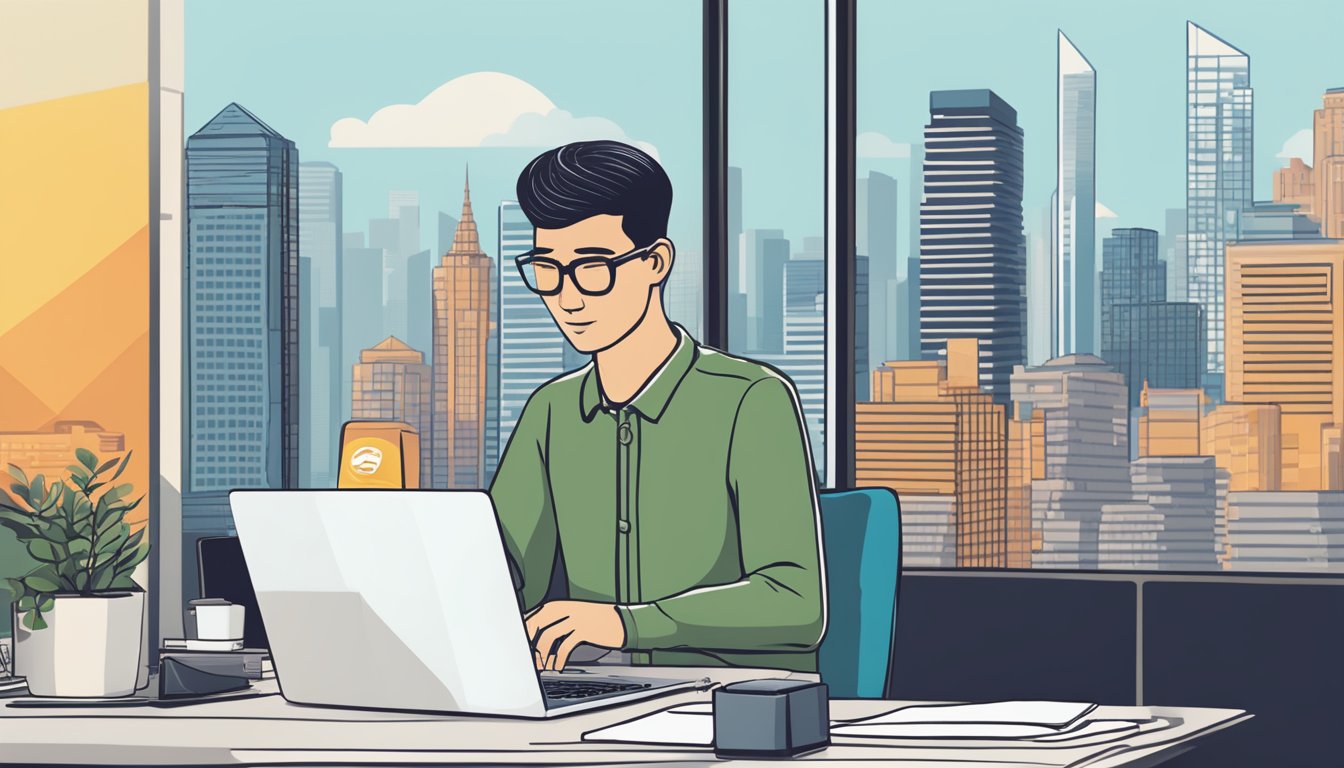 A person sits at a desk, holding a Citi card and typing on a laptop. A balance transfer form is visible on the screen, with a Singaporean skyline in the background