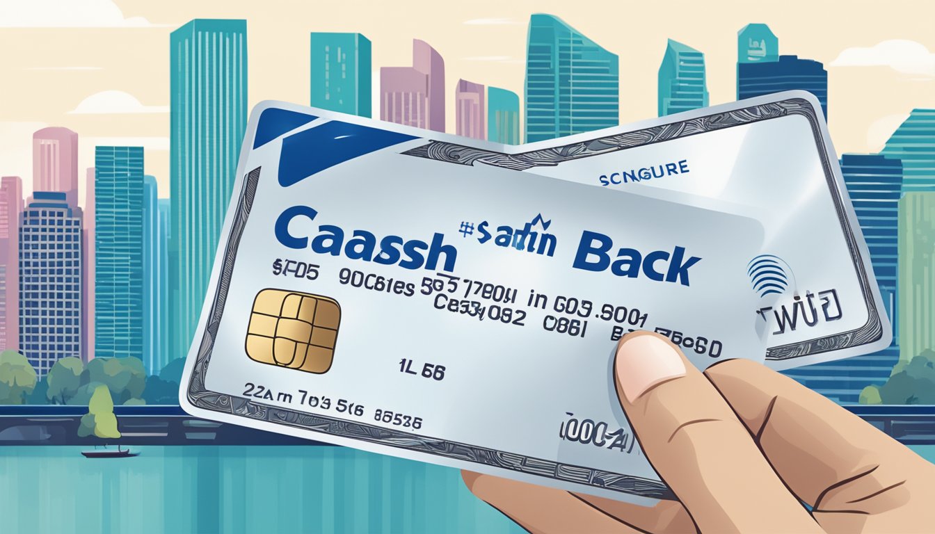 A hand holding a Citi Cash Back Plus card, with a city skyline in the background, showcasing the benefits of managing the card in Singapore