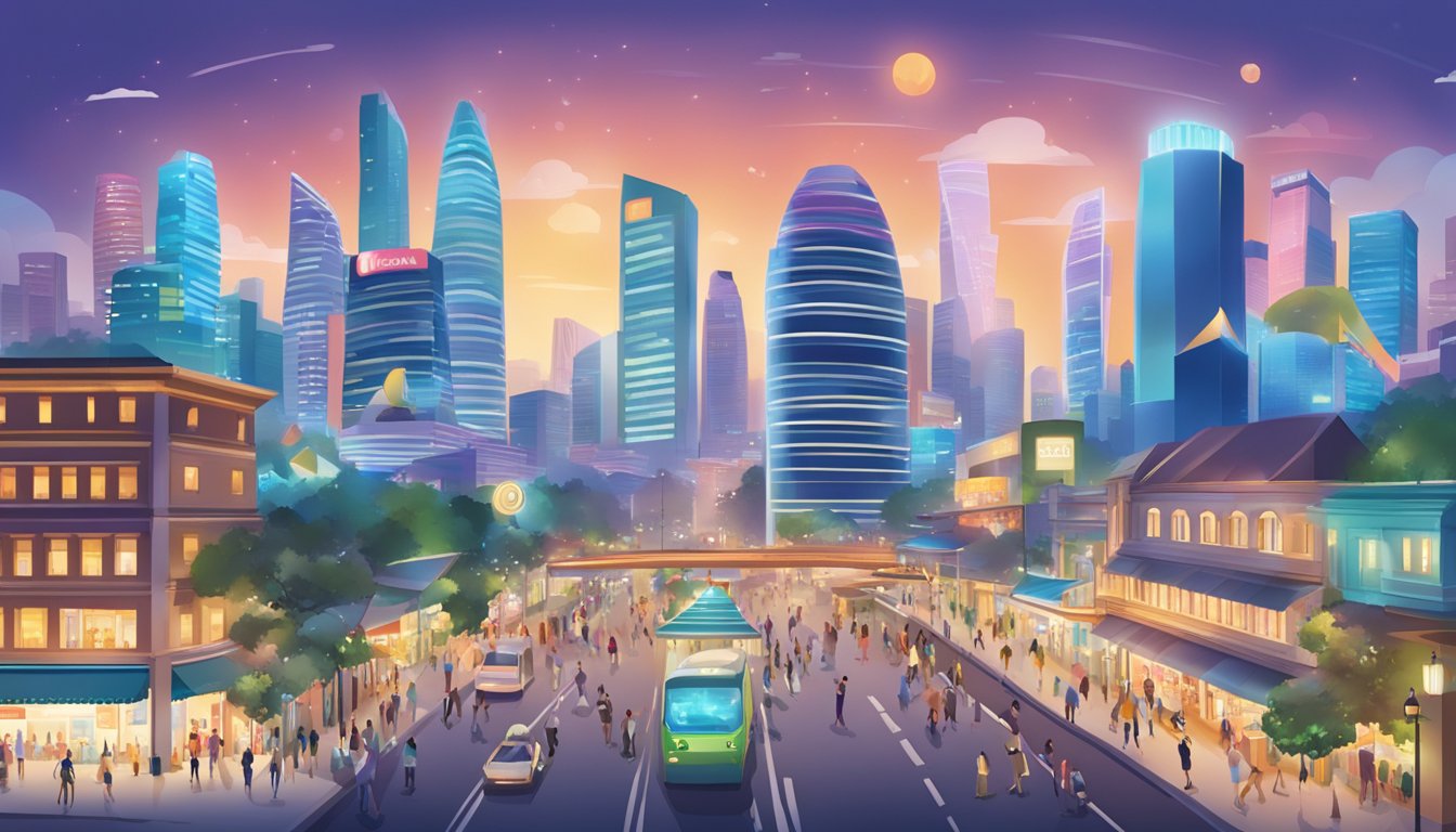 A bustling cityscape with iconic Singapore landmarks, a glowing Citi Cash Rewards card, and excited shoppers redeeming rewards at various shops