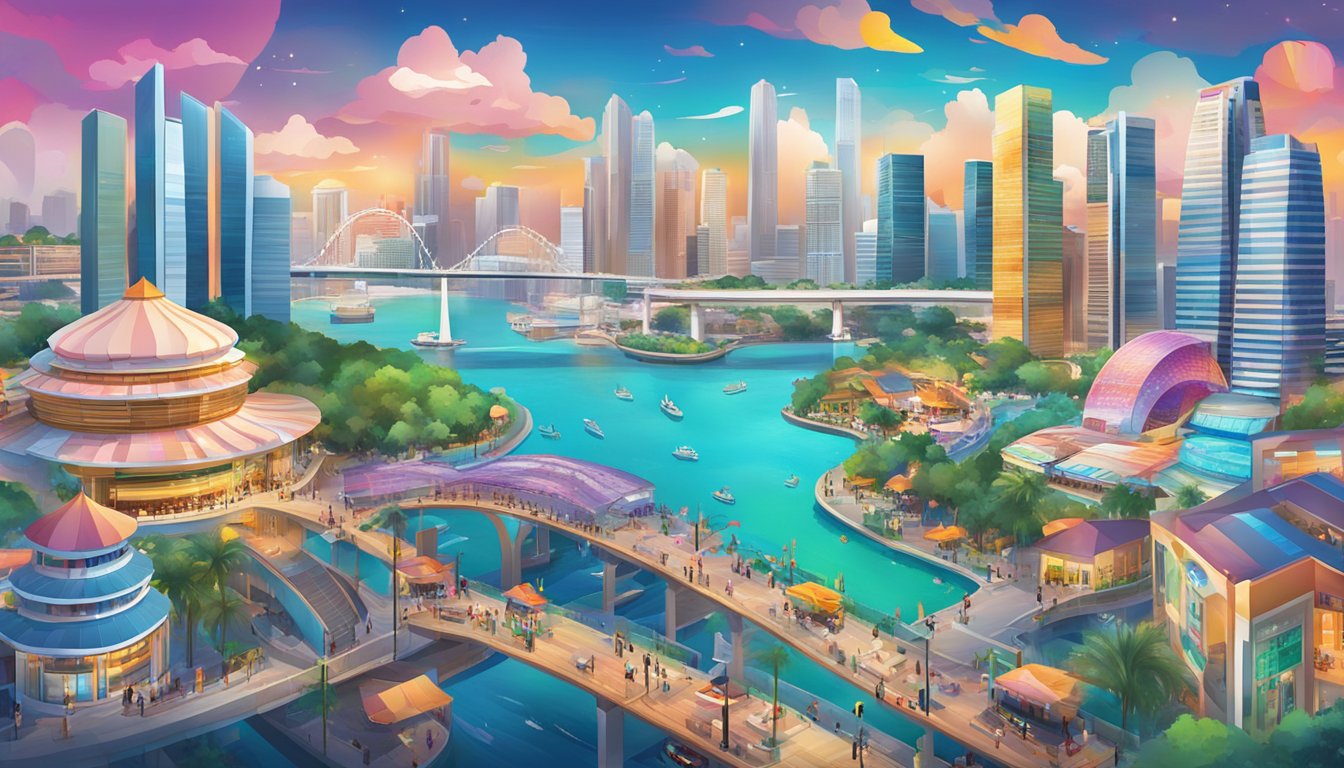 A colorful Singapore skyline with the Citi Cash Rewards logo prominently displayed, surrounded by vibrant shopping and dining scenes