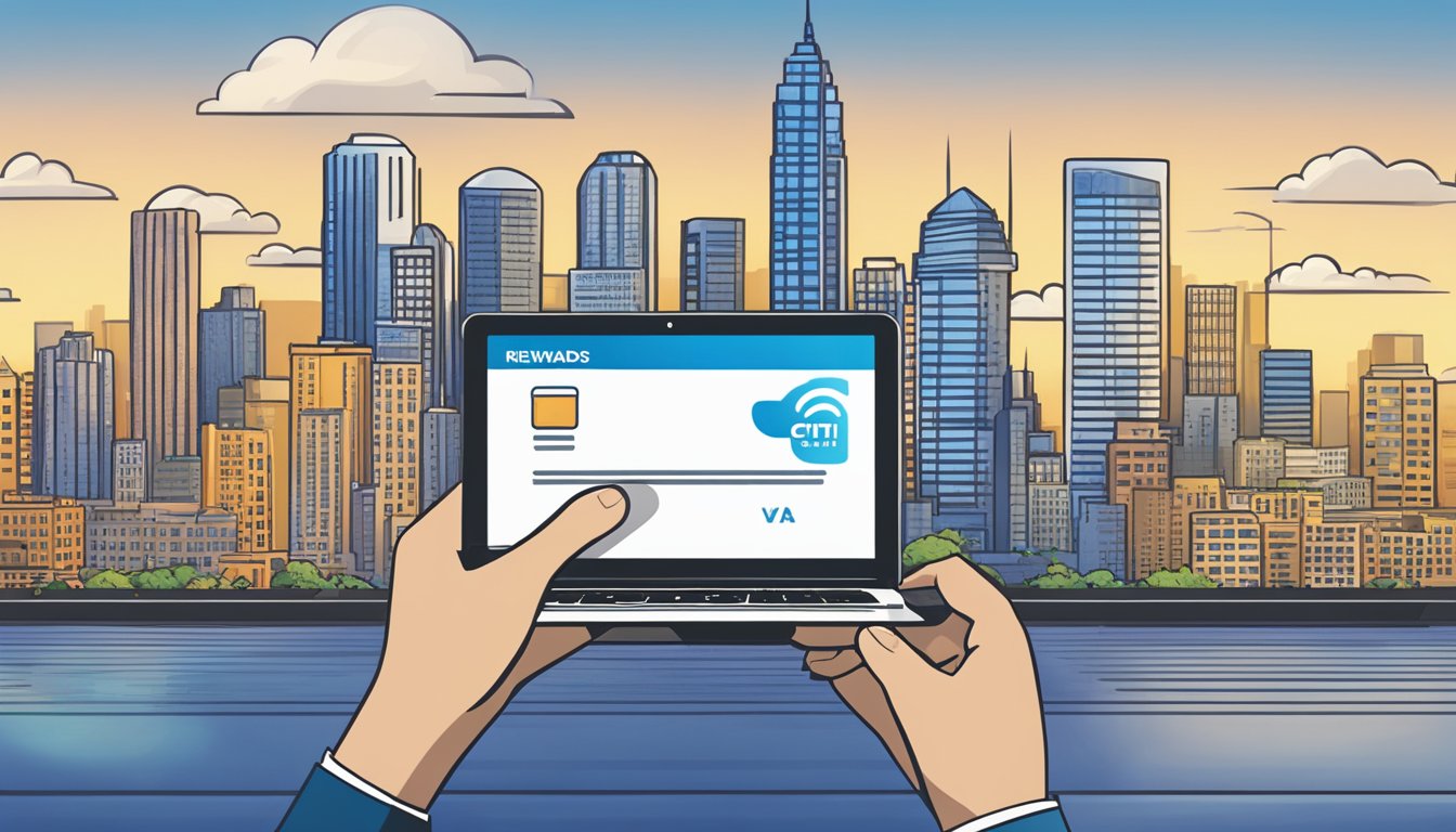A hand holding a Citi Cash Rewards card, with a laptop open to the application page, and a city skyline in the background