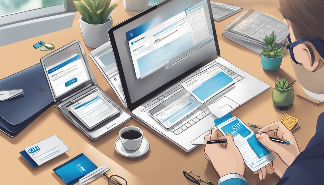 A person filling out a Citi Clear Card application form with a pen on a desk, surrounded by a laptop, wallet, and Citi Clear Card promotional materials
