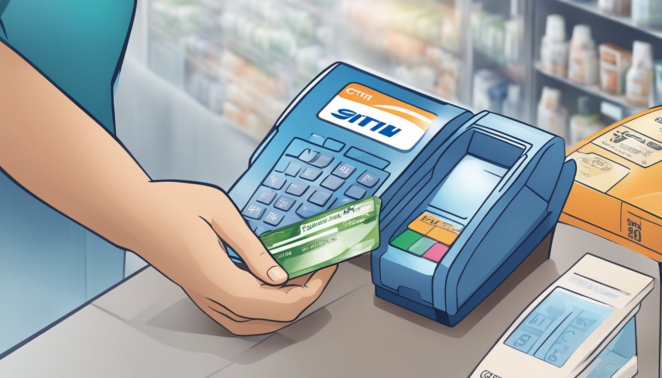 A person swiping a Citi Clear card at a Singaporean store, with various financial perks and credit facilities displayed in the background