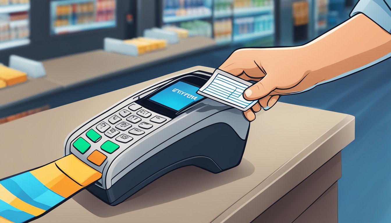 A hand swipes a Citi Clear card at a payment terminal, with benefits and rewards displayed in the background