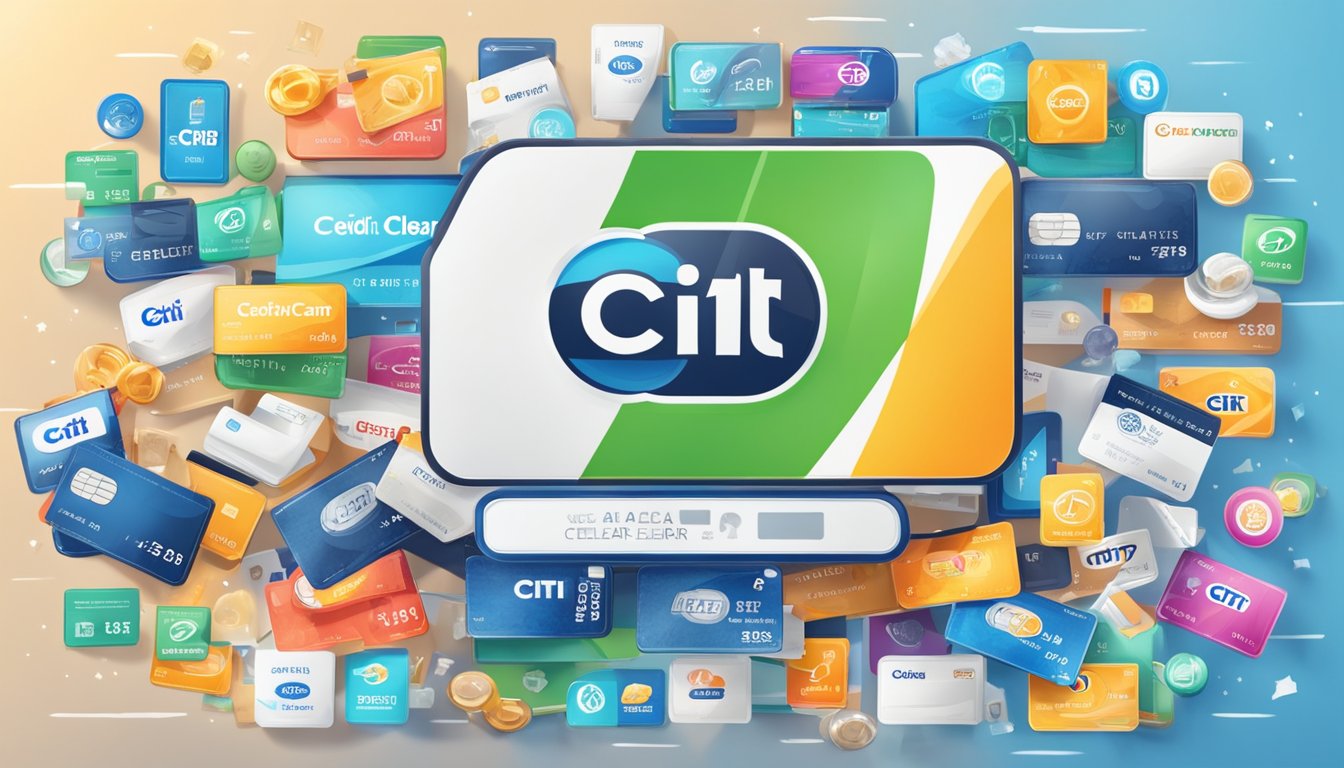 A stack of credit cards with "Citi Clear" logo, surrounded by icons representing various benefits like cashback, travel rewards, and shopping discounts