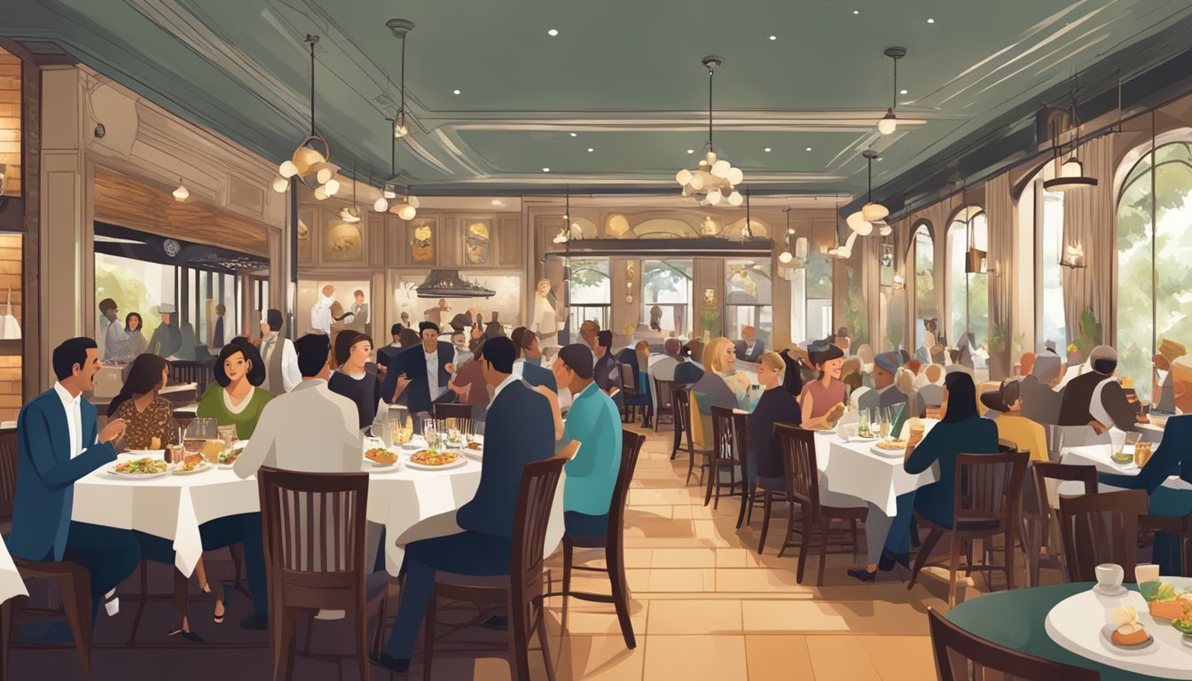 A bustling restaurant with elegant decor and live music, surrounded by happy diners enjoying gourmet cuisine and engaging in lively conversations